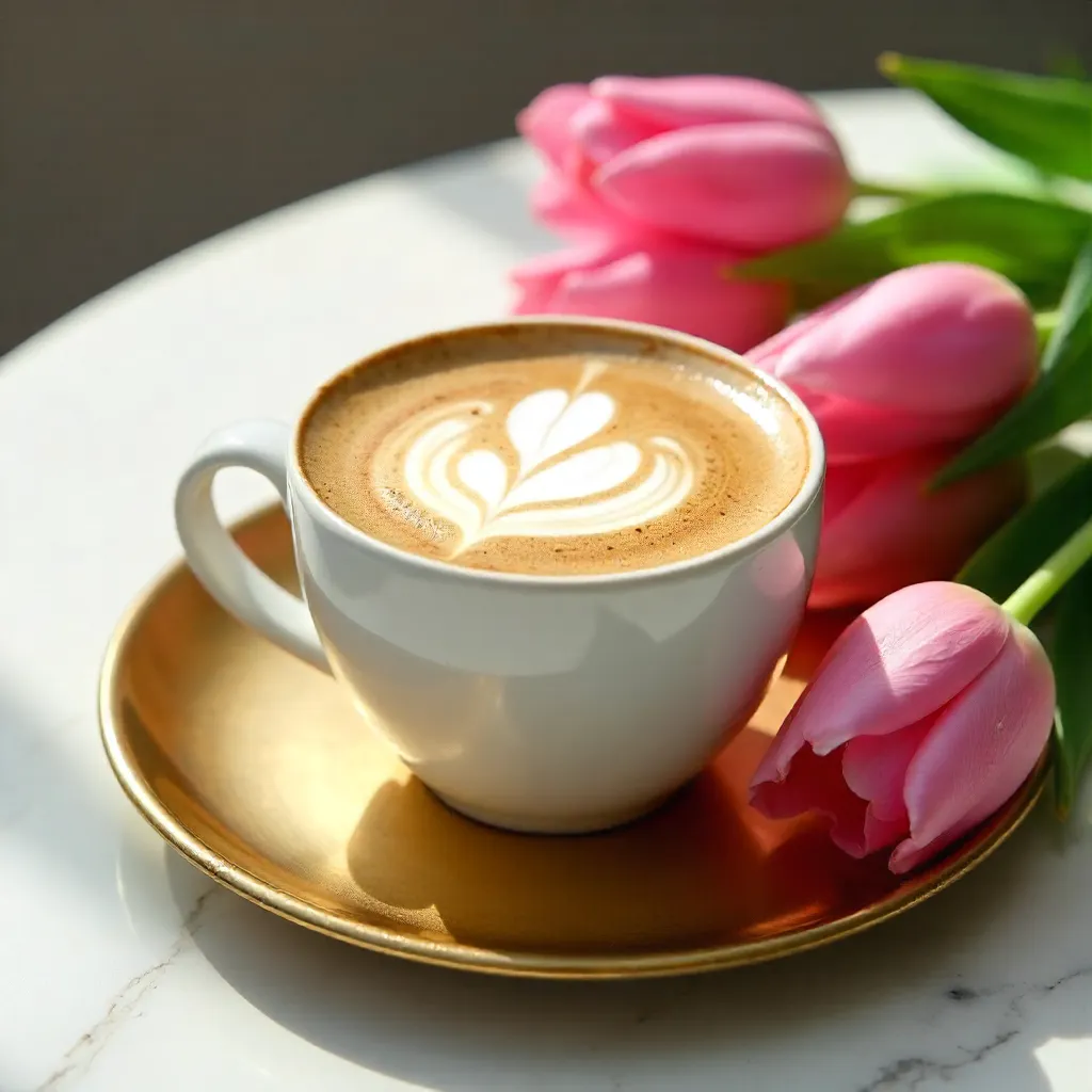 Latte Art on Gold Tray with Pink Tulips
