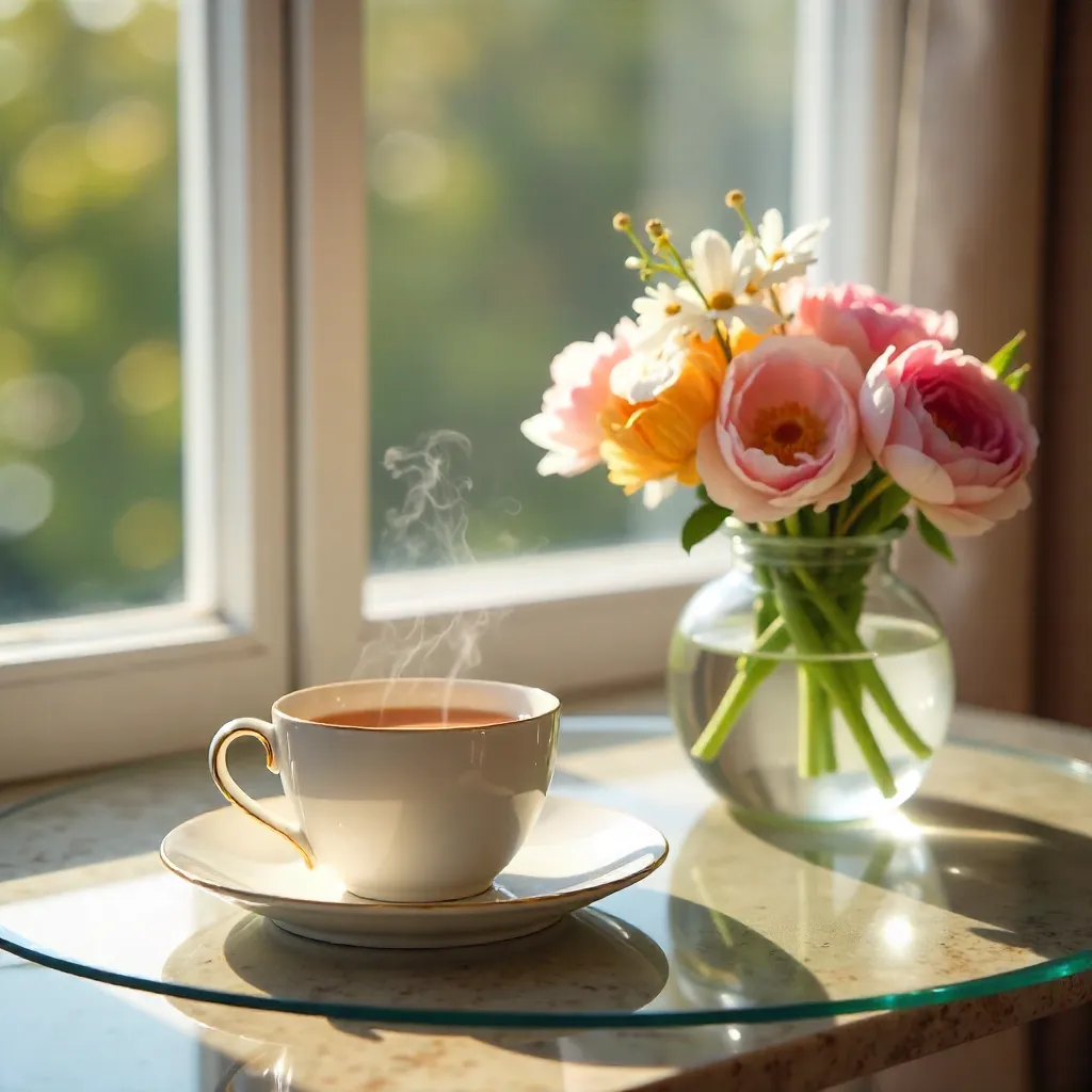 Stylish Glass-Table Breakfast with Tea and Croissant