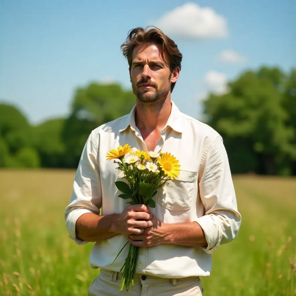 Calm Outdoor Portrait: Man with Flowers under a Blue Sky