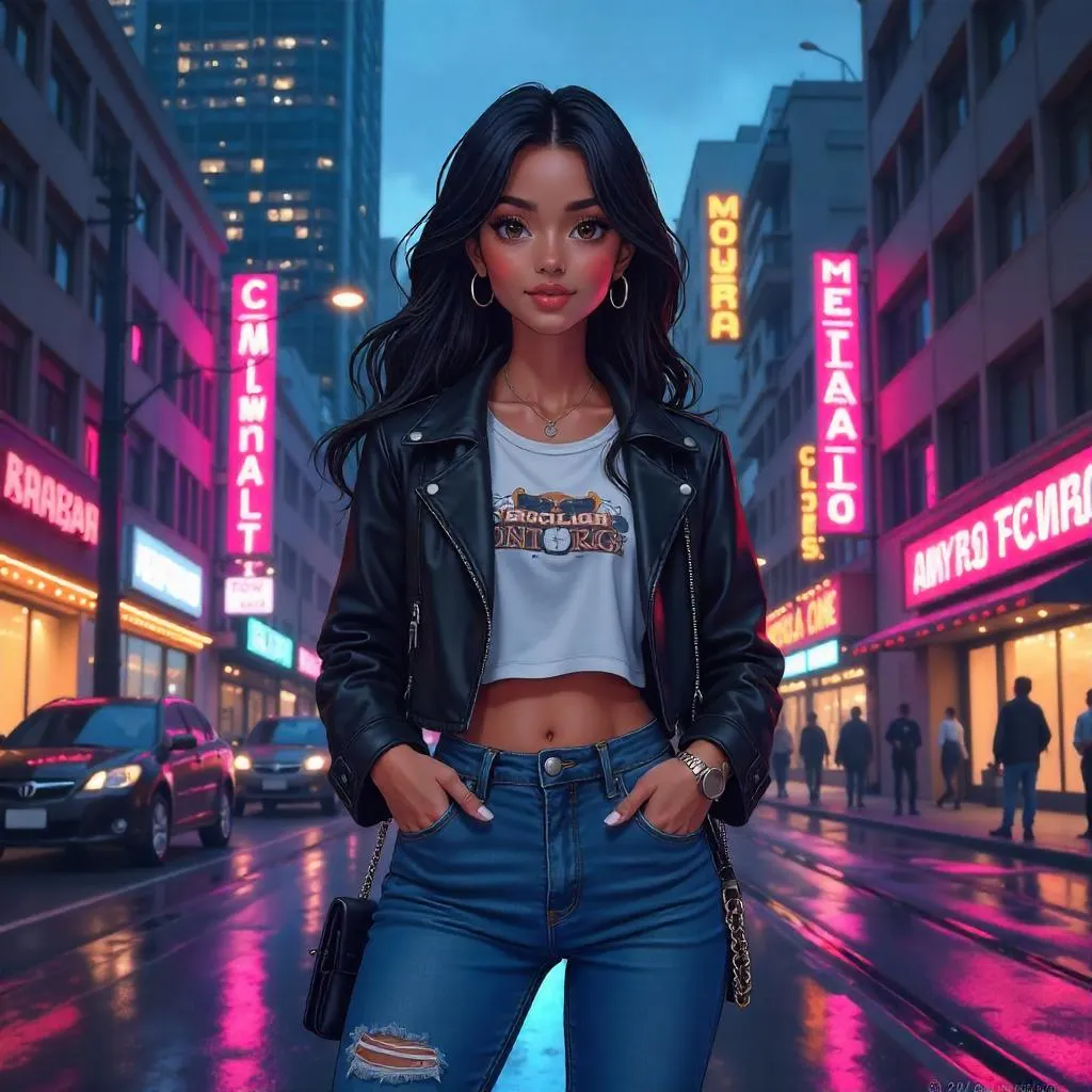 Neon Downtown Latina: Anime Portrait in Neon City