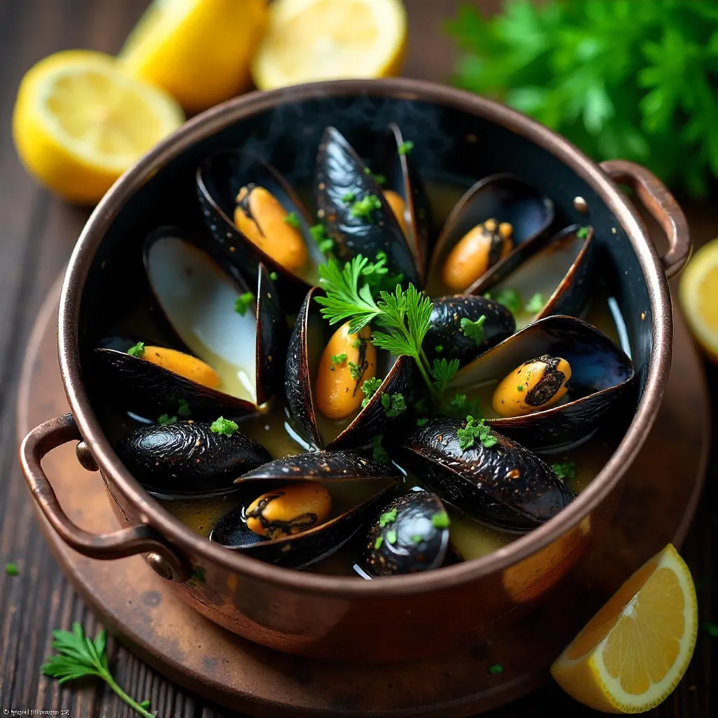 Top-Down View of Steamed Mussels with Herbs and Lemons