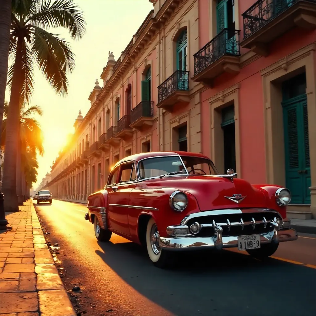 Golden Hour in Havana: Classic Car and Historic Facades