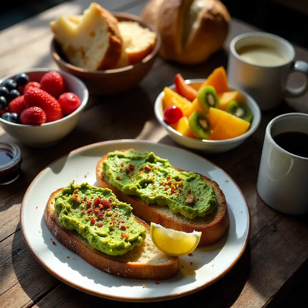 Overhead Breakfast Spread: Avocado Toast & Fruit Bowls