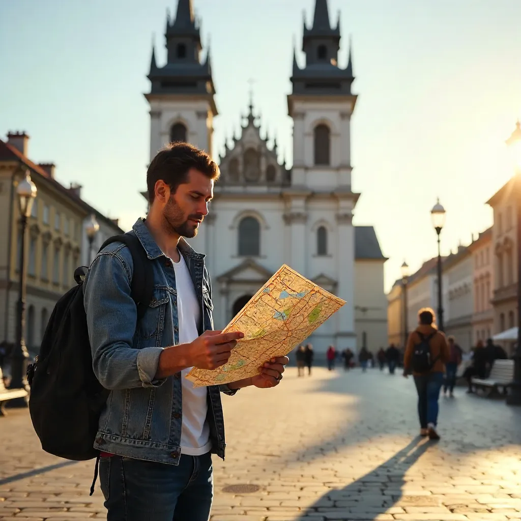 Traveler with City Map by Novi Sad Cathedral