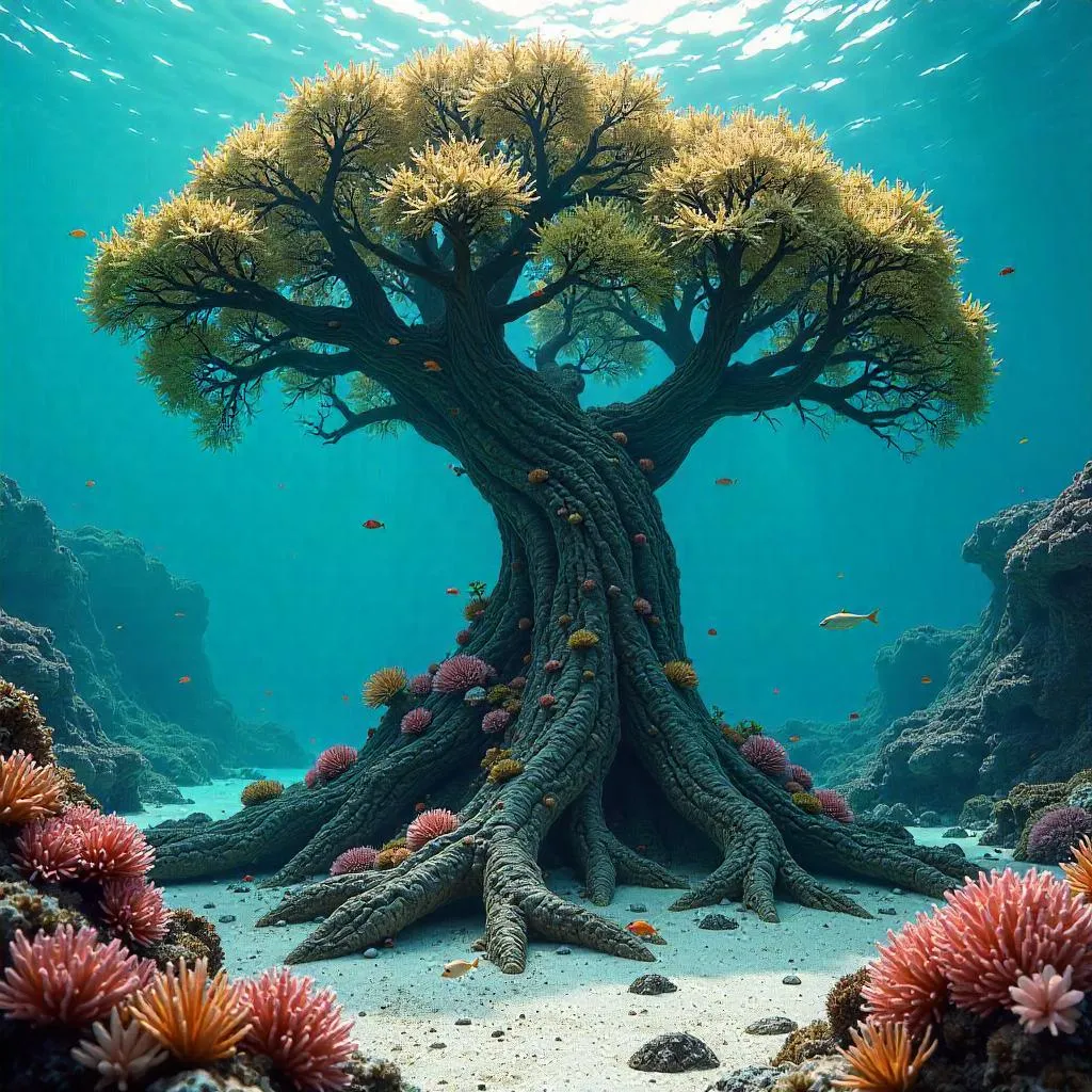Photorealistic underwater tree in vibrant coral reef