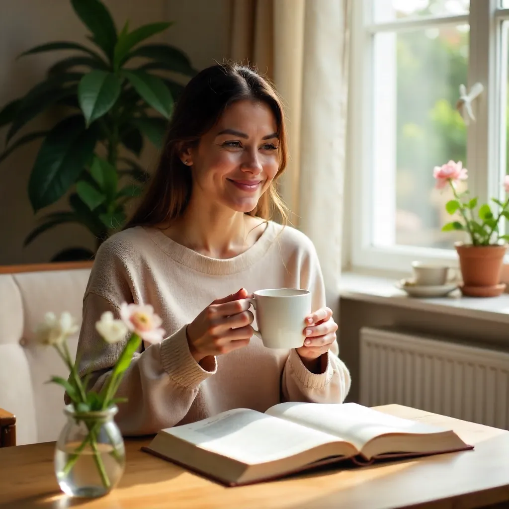Quiet Moment with Coffee, Book and Flowers