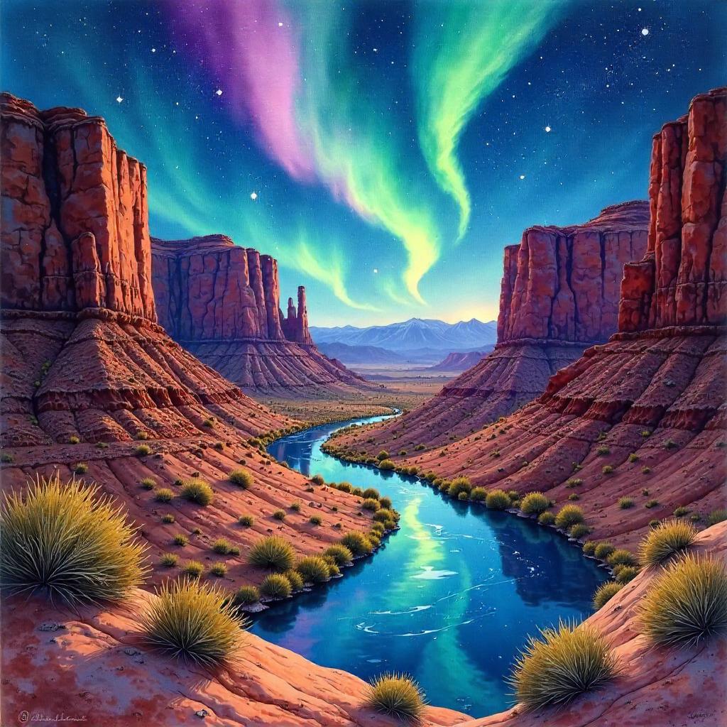 Watercolor Canyon Under Northern Lights