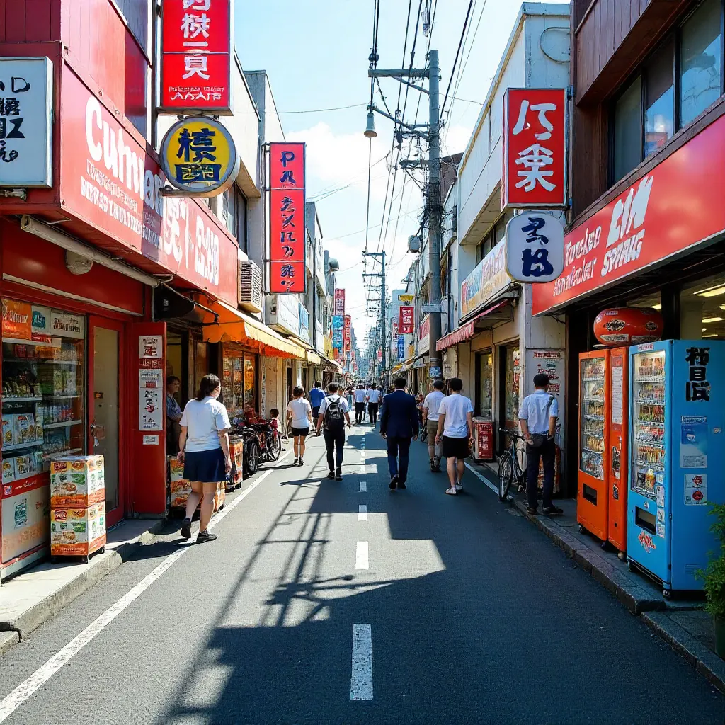 Bustling daytime Japanese street with shops and signage
