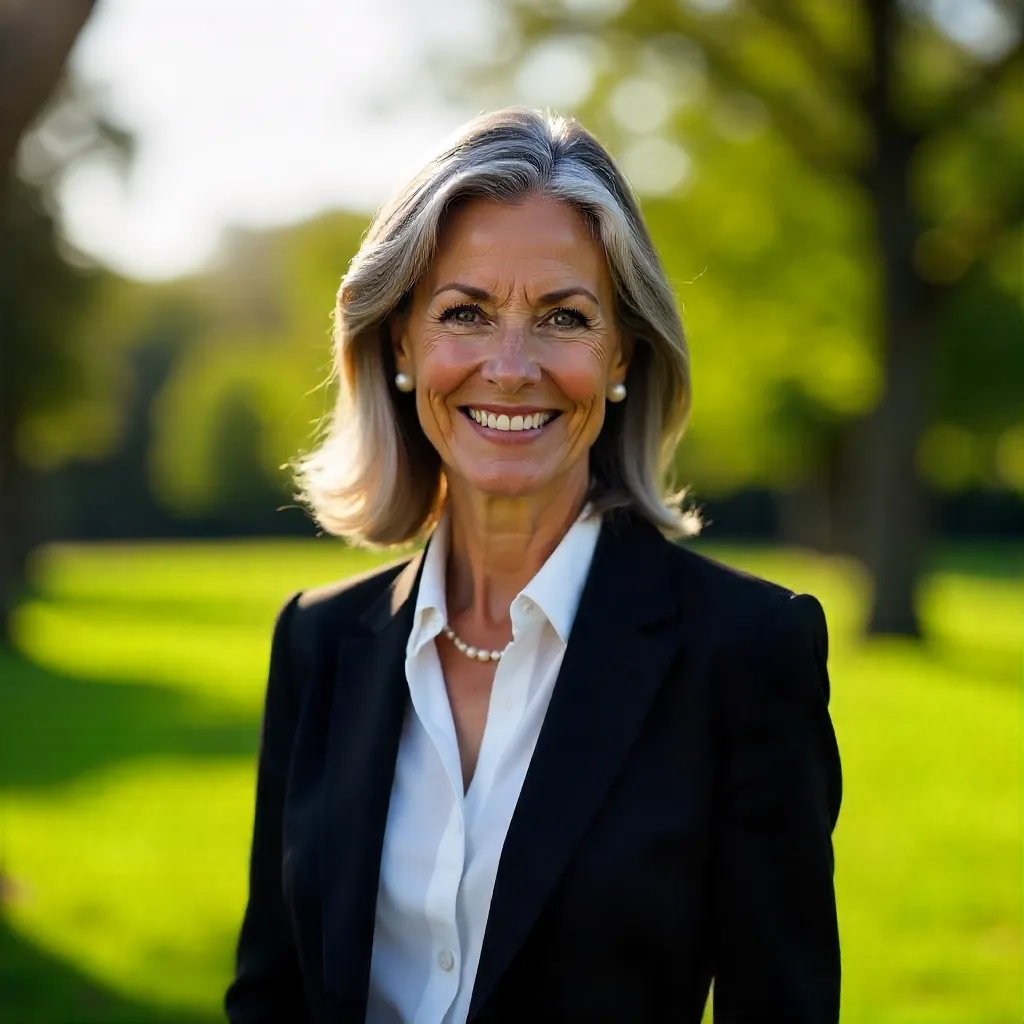 Golden-hour Elegance: Gray-Haired Woman in Black Suit