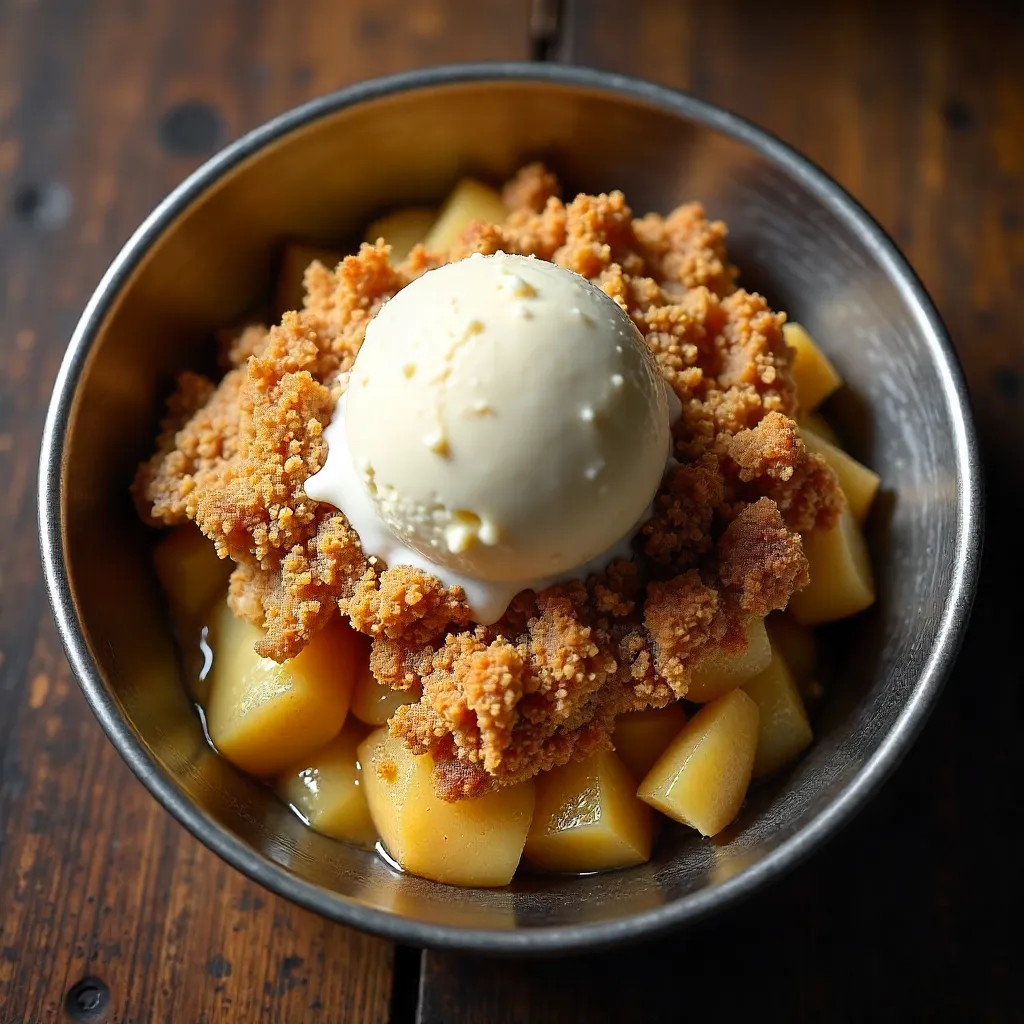 Top-Down Apple Crumble in Metal Dish with Vanilla Ice Cream