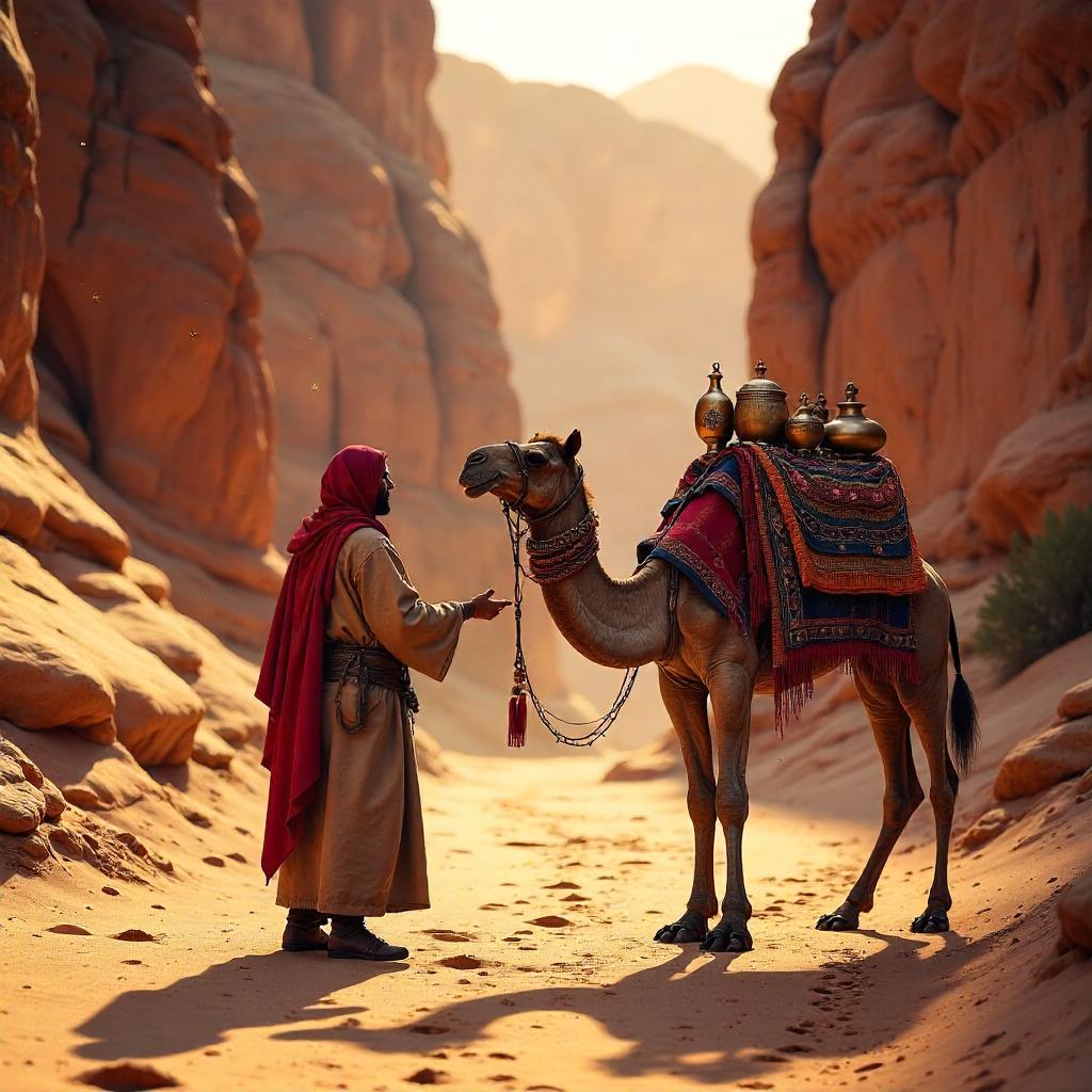 Photorealistic Canyon Merchant at Golden Hour
