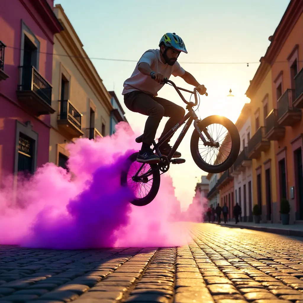 BMX Trick Amid Purple Smoke in Puebla