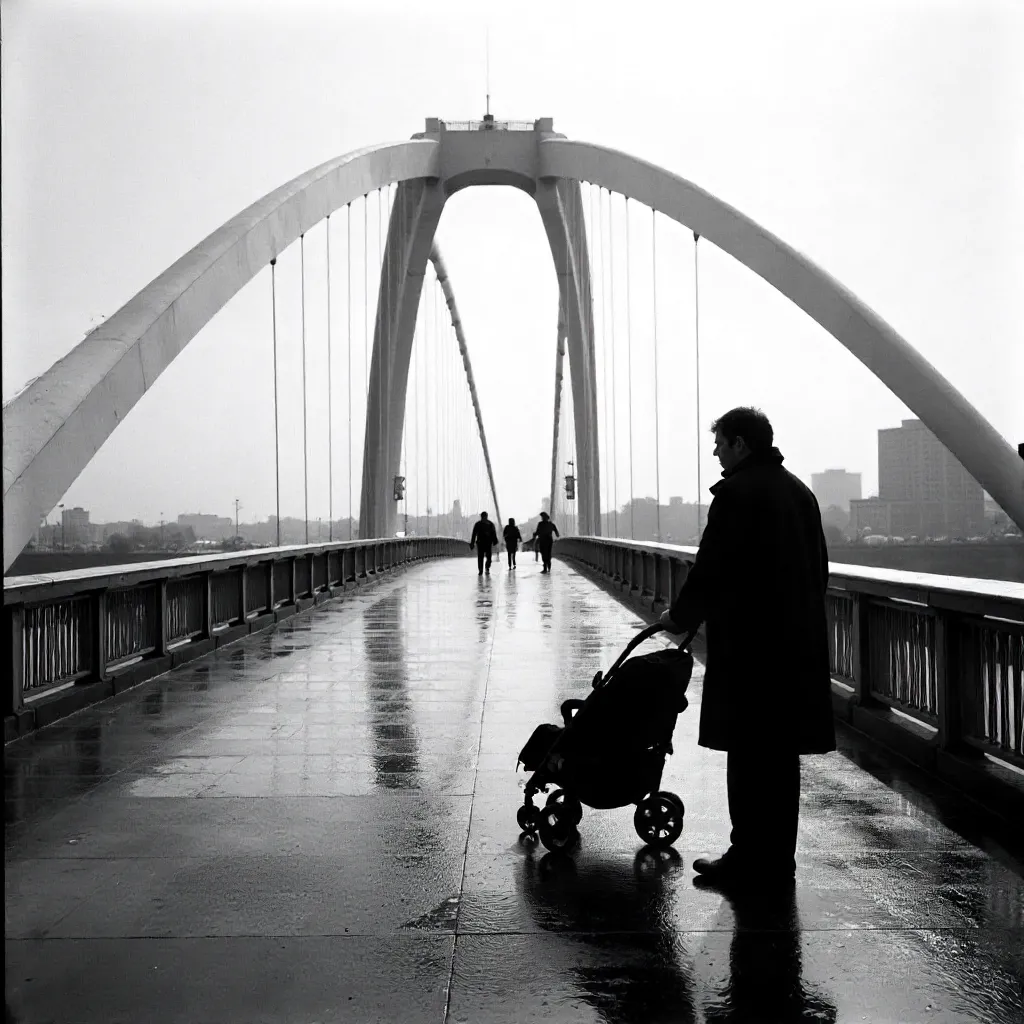 Monochrome Stroller Crossing on Peace Bridge