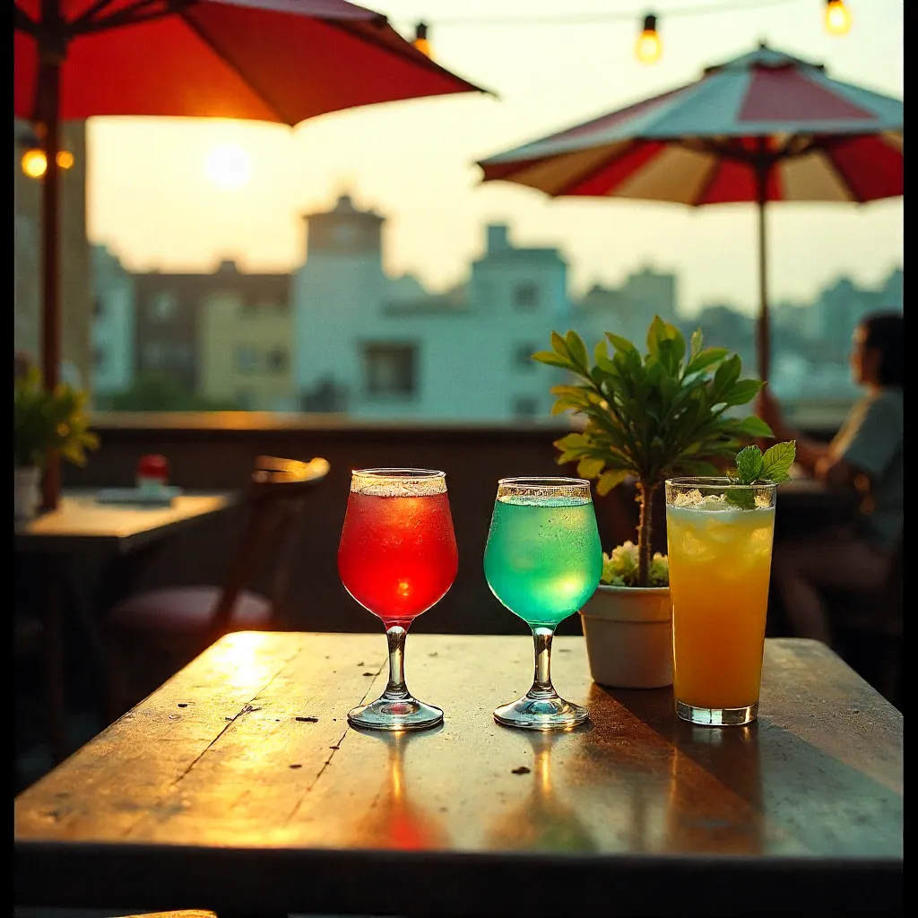 Vintage Camera Captures a Colorful Rooftop Café