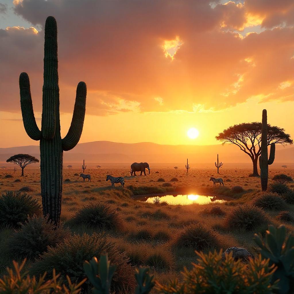 Photorealistic Savanna Among Cacti at Sunset