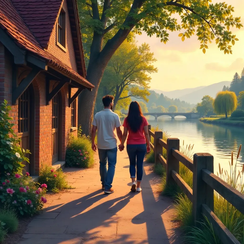 Couple Along a Riverside Path in Rustic Light