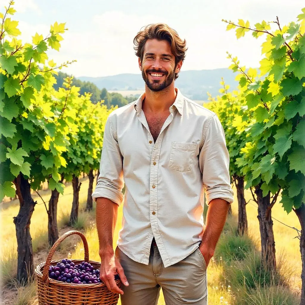 Handsome White Man in a Watercolor Vineyard
