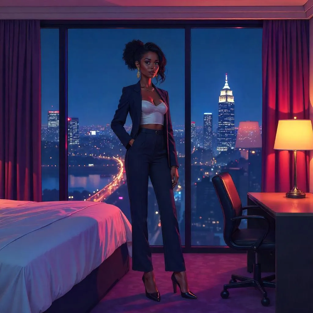 Anime-Style Black Woman in a Luxe Hotel Room