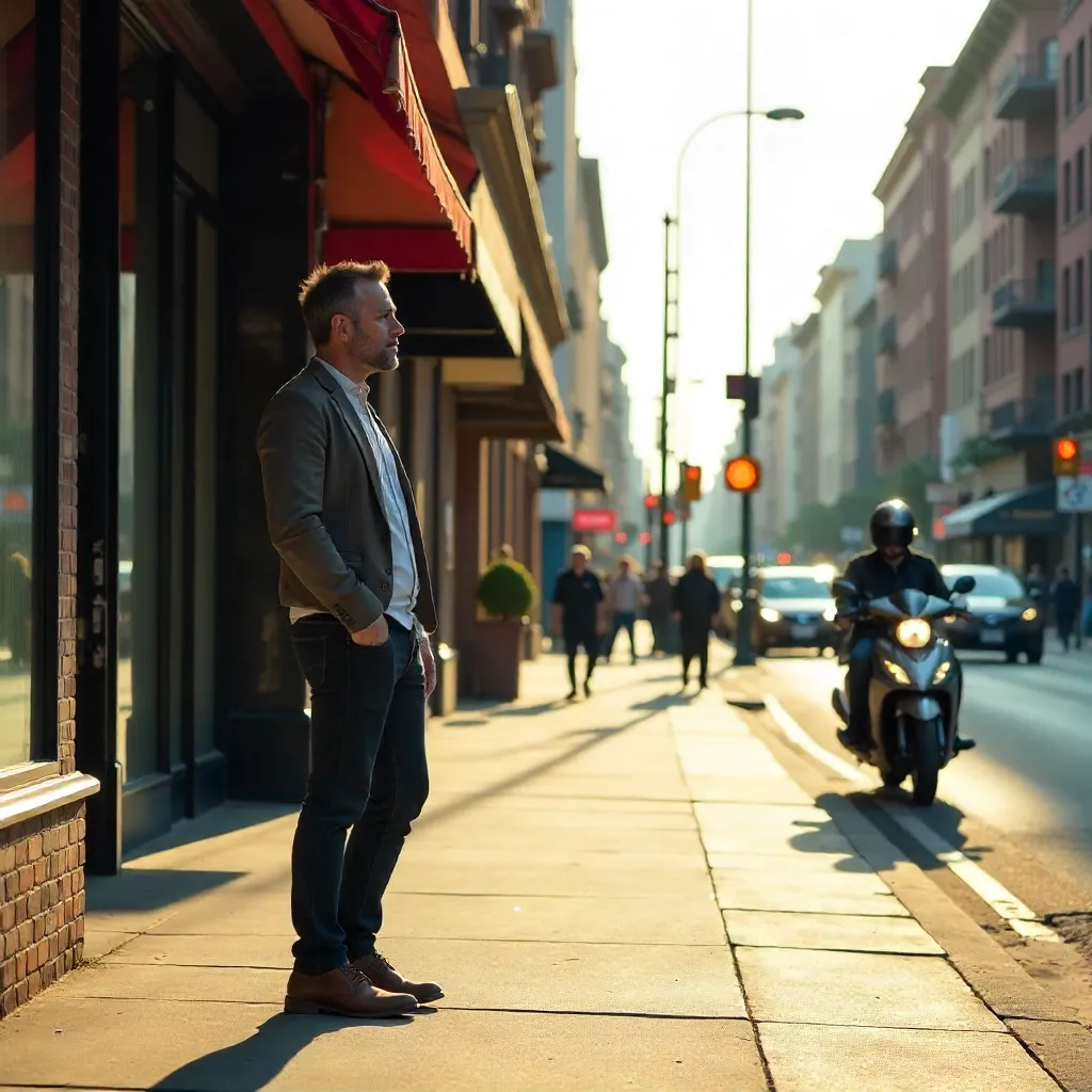 Sunlit Street: Man on the Phone