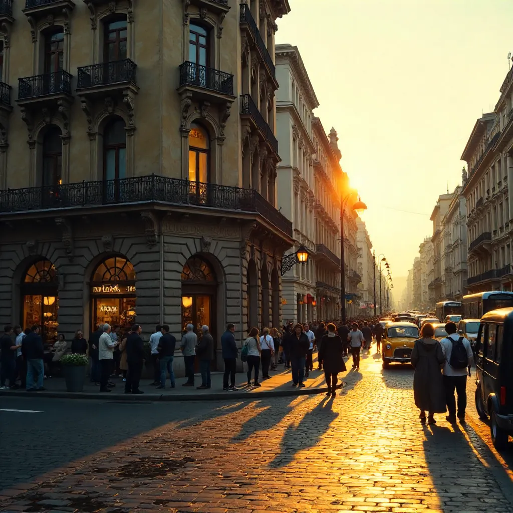 Bustling Urban Scene by a Historic Corner Building