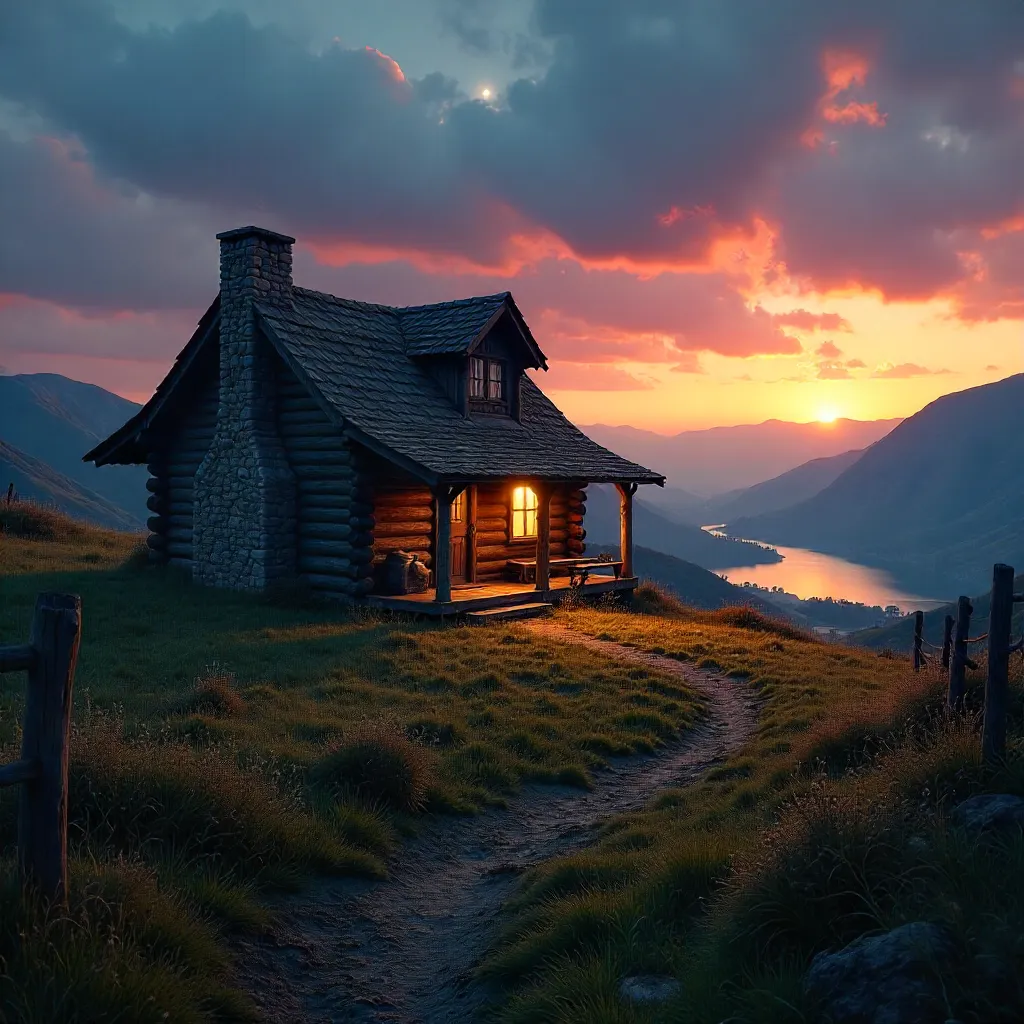 Twilight Rustic Cabin on Open Grassland
