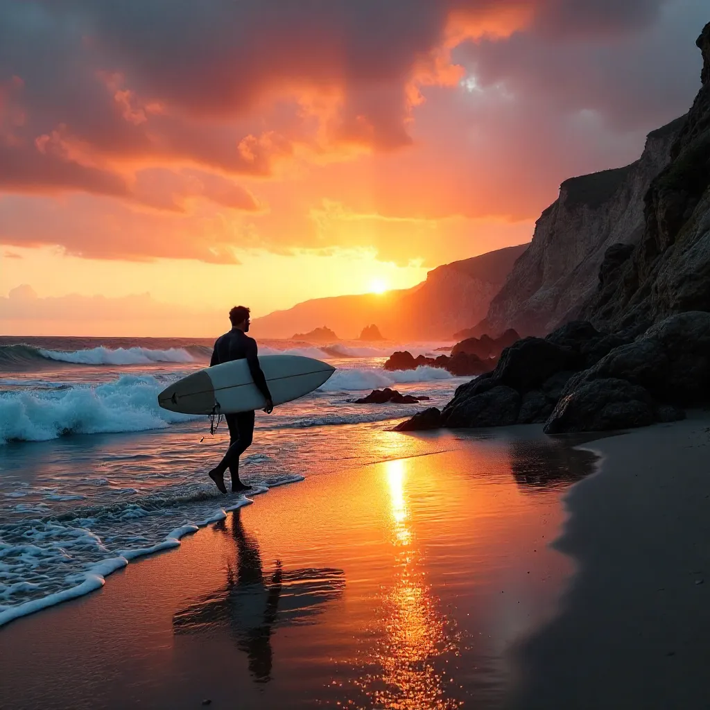 Silhouette of a Surfer Walking with Surfboard at Sunset in Portugal
