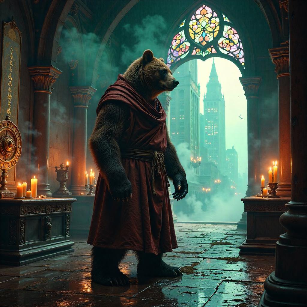 Bear Monk in a Neon Cyberpunk Monastery