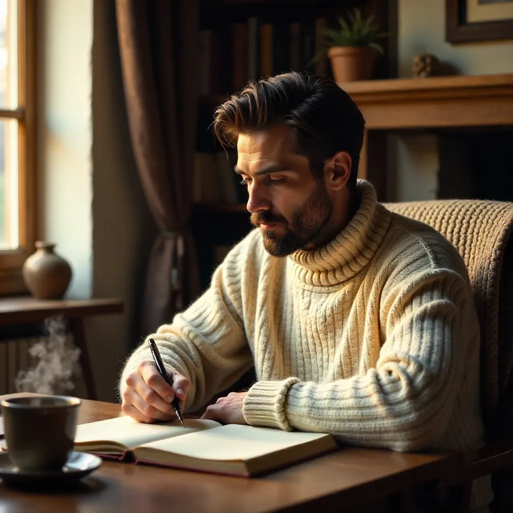 Cozy Thoughtful Moment: Man Writing by Warm Indoor Light