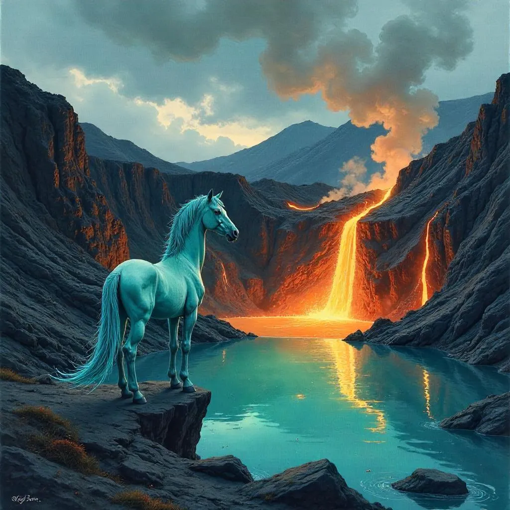 Kelpie in a Volcanic Watercolor Landscape