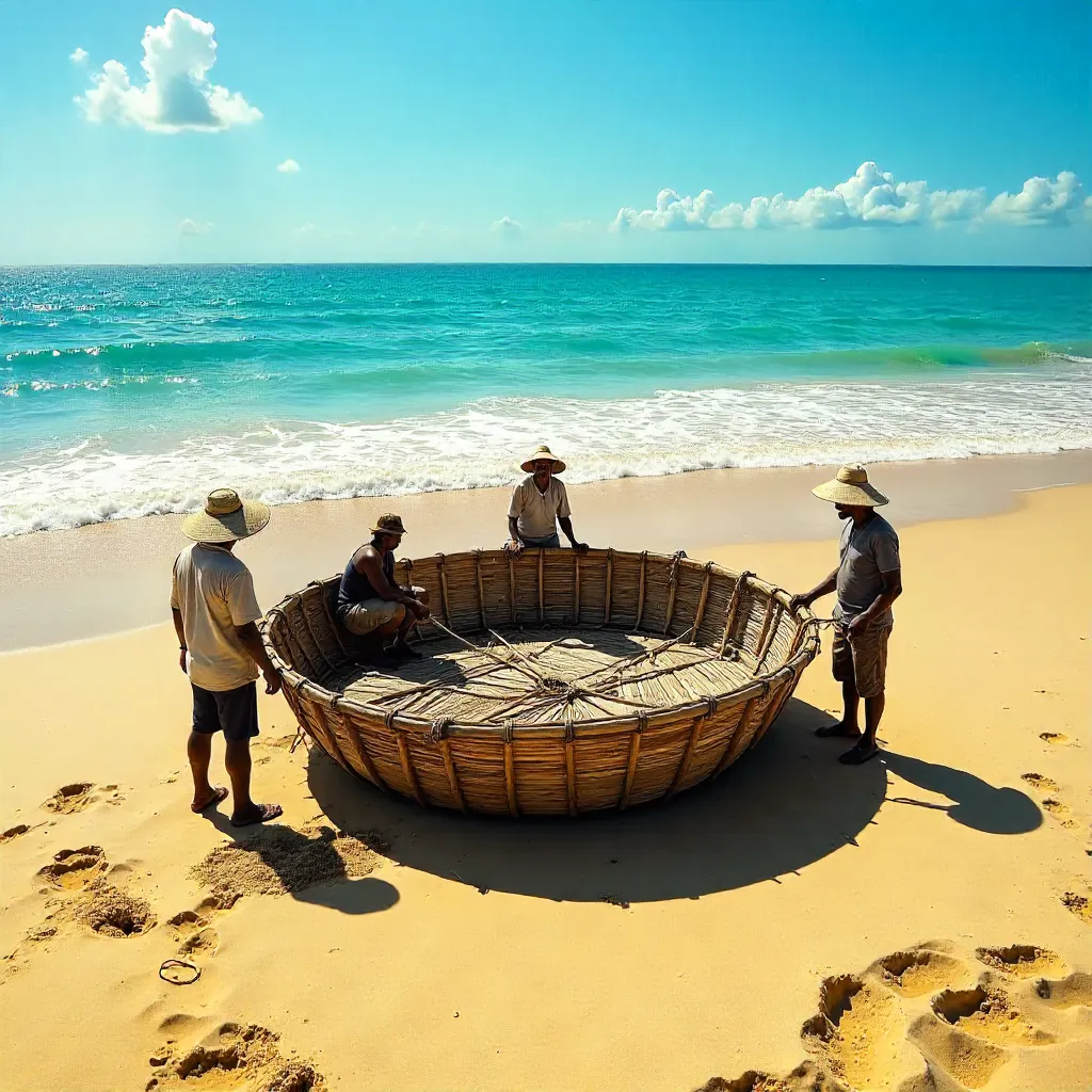 Four Fishermen with Round Basket Boat on a Sunny Beach