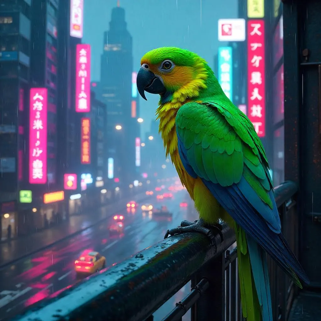 Neon Parrot Over a Cyberpunk Megacity