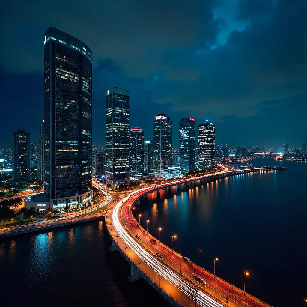 Panama City Night Pulse: Light Trails and Skyscrapers