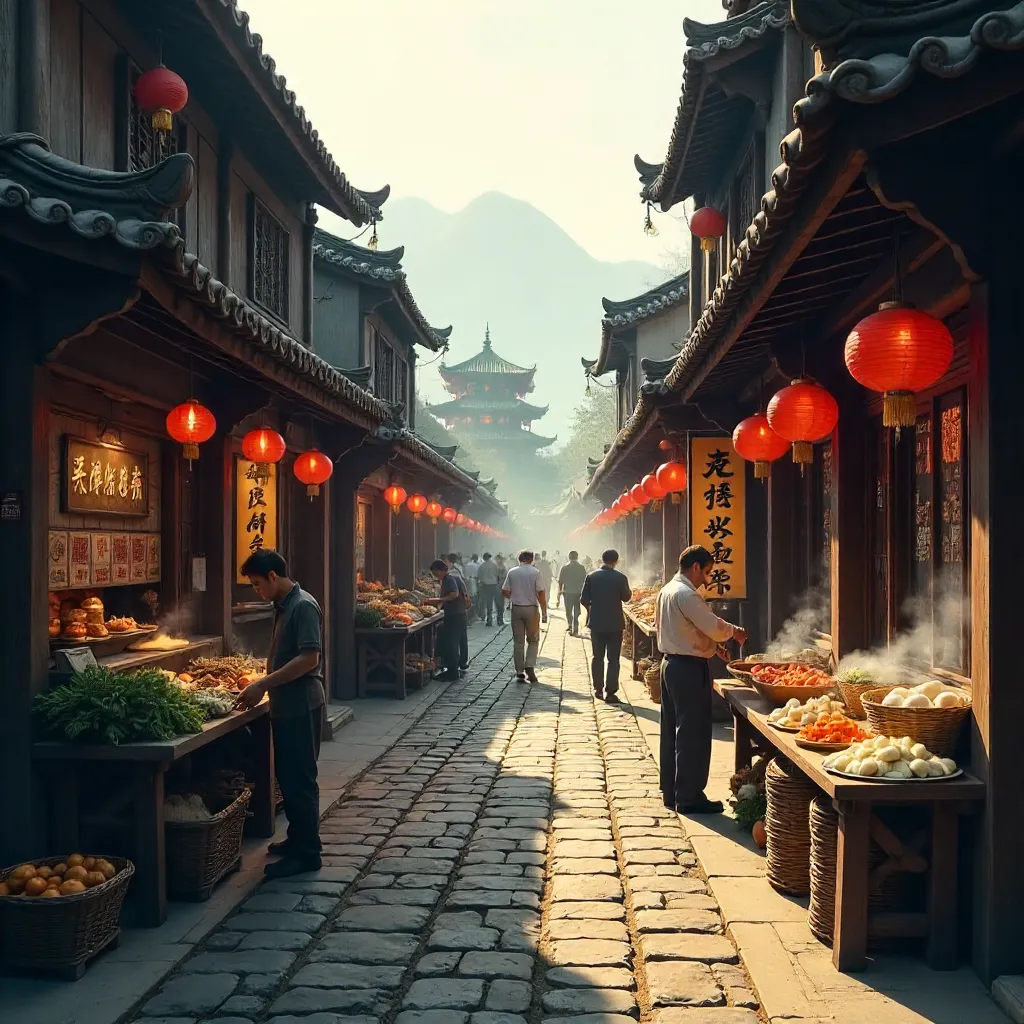 Sunlit Traditional Wooden Market Street in China
