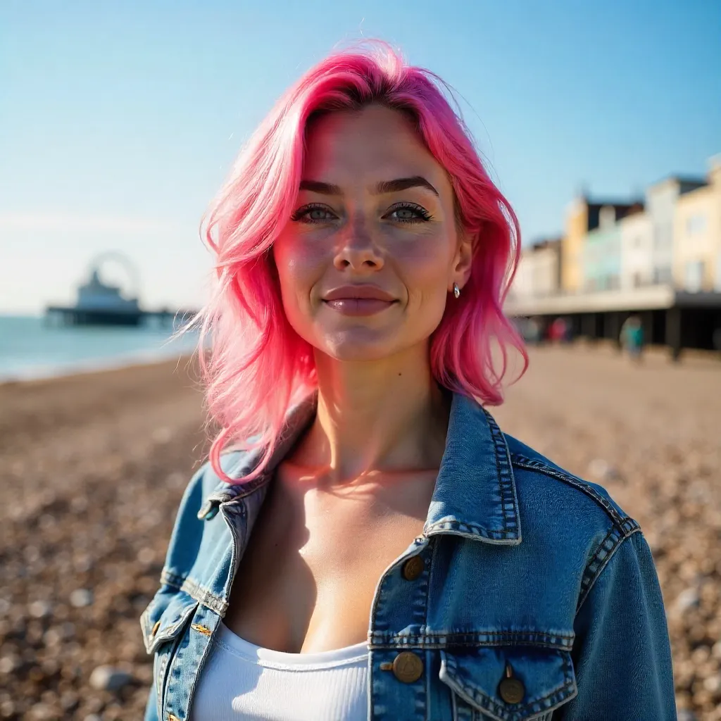 Pink-Haired Woman in Denim on Brighton Seafront