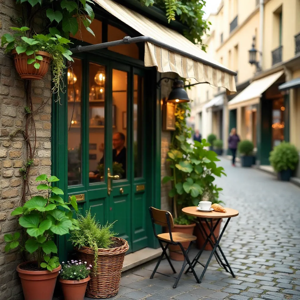 Cozy Paris Cafe Entrance with Greenery