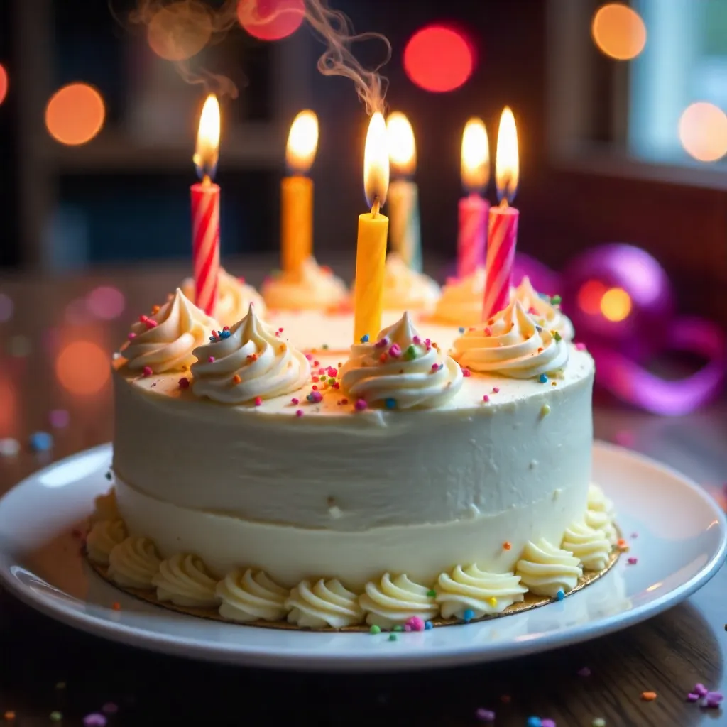 Close-Up Festive Cake with Lit Candles