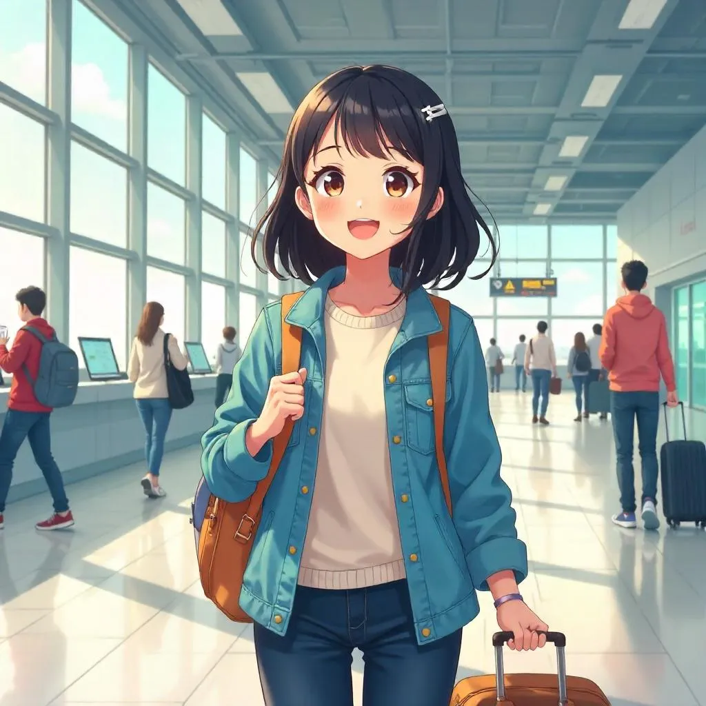 Cheerful Anime Girl in an Airport Terminal