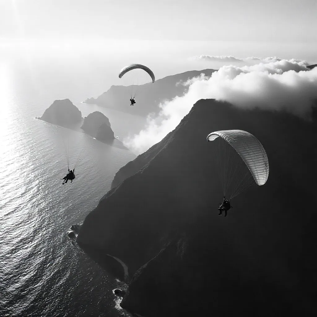 Black-and-White Aerial Paragliders Over Misty Isles