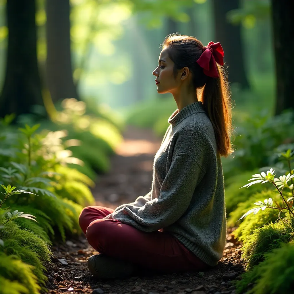 Peaceful Forest Path with Gray Sweater and Red Bow