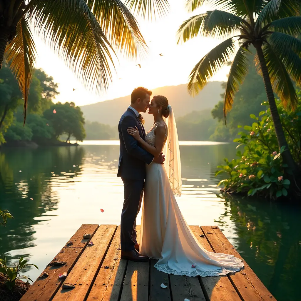 Bride and Groom Embrace on Indonesian Lakeside Dock
