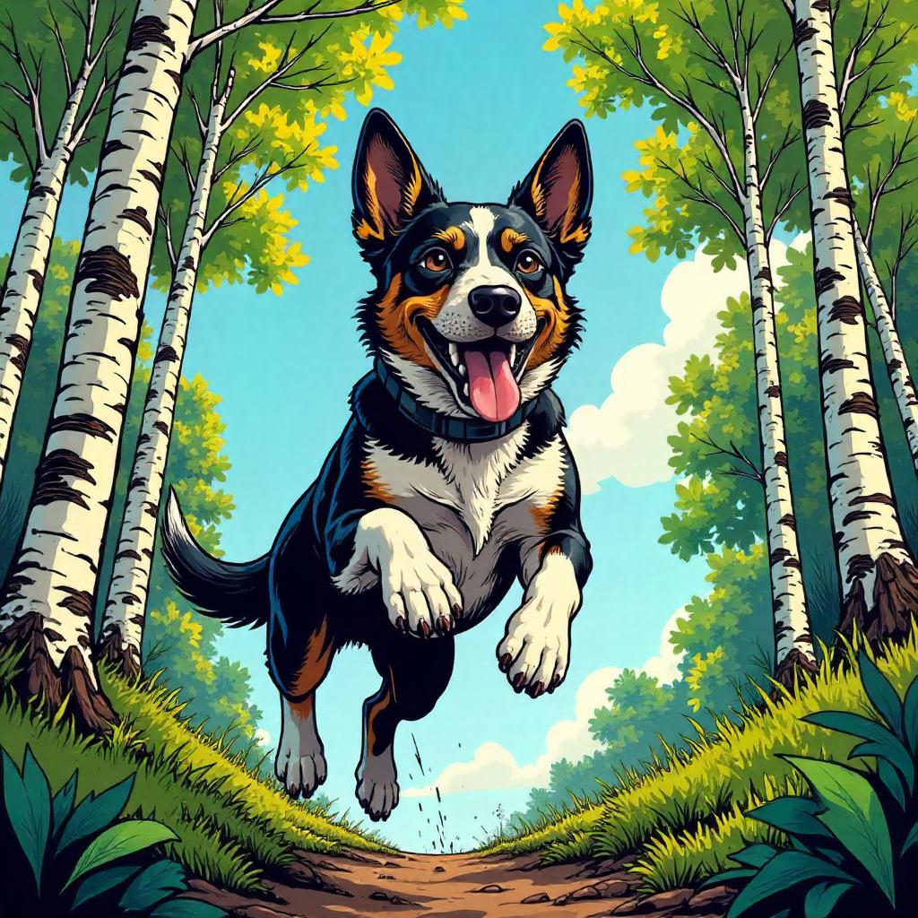 Dynamic Comic-Style Dog Roaming a Birch Forest