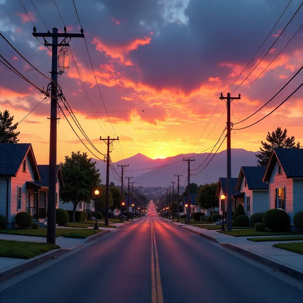 Dusk in Suburbia: Power Lines Toward the Mountains