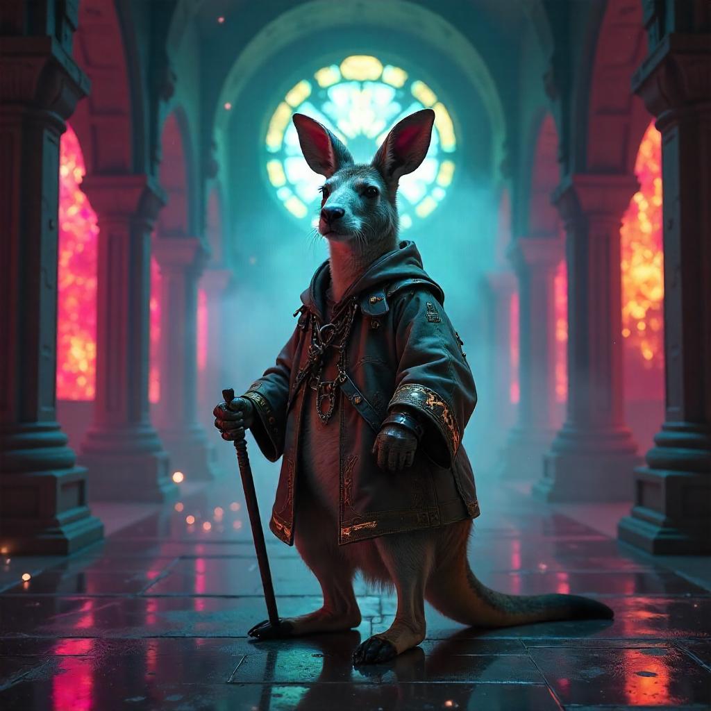 Neon Kangaroo in a Cyberpunk Monastery