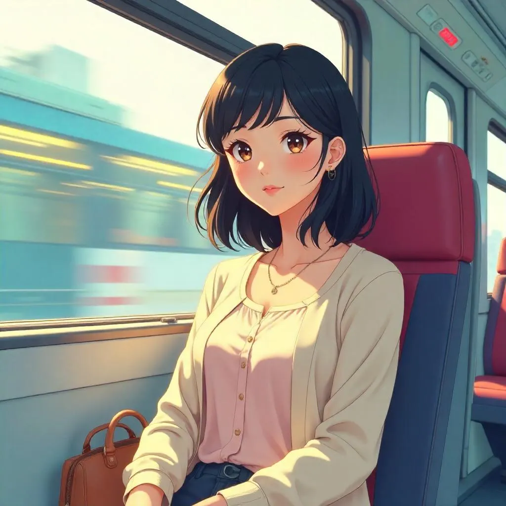 Sunlit Anime: Adult Asian Woman on a Train