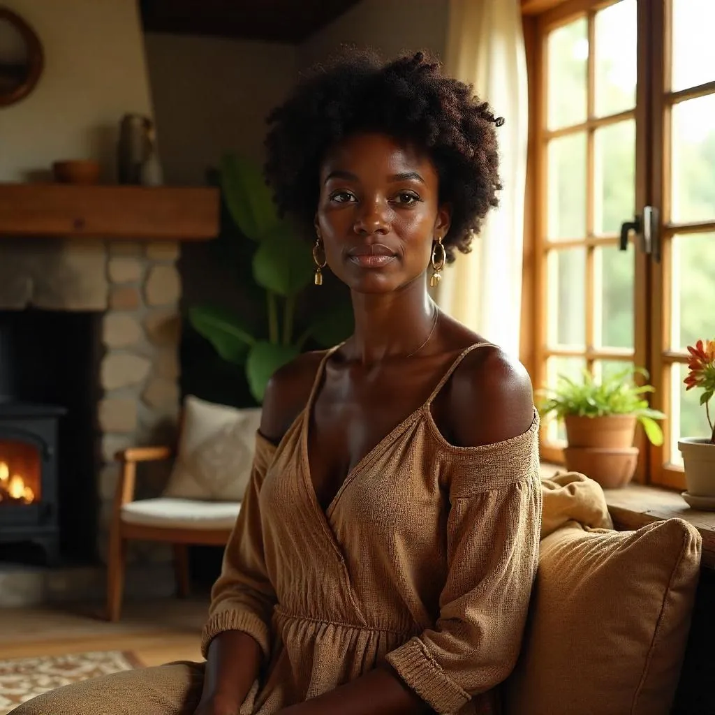 Photorealistic Black Woman in a Cozy Cottage