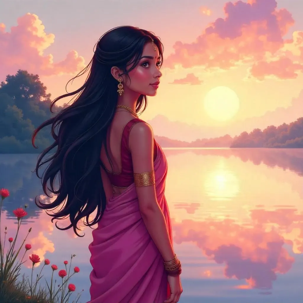 Lakeside Anime Beauty: Indian Girl at Dusk