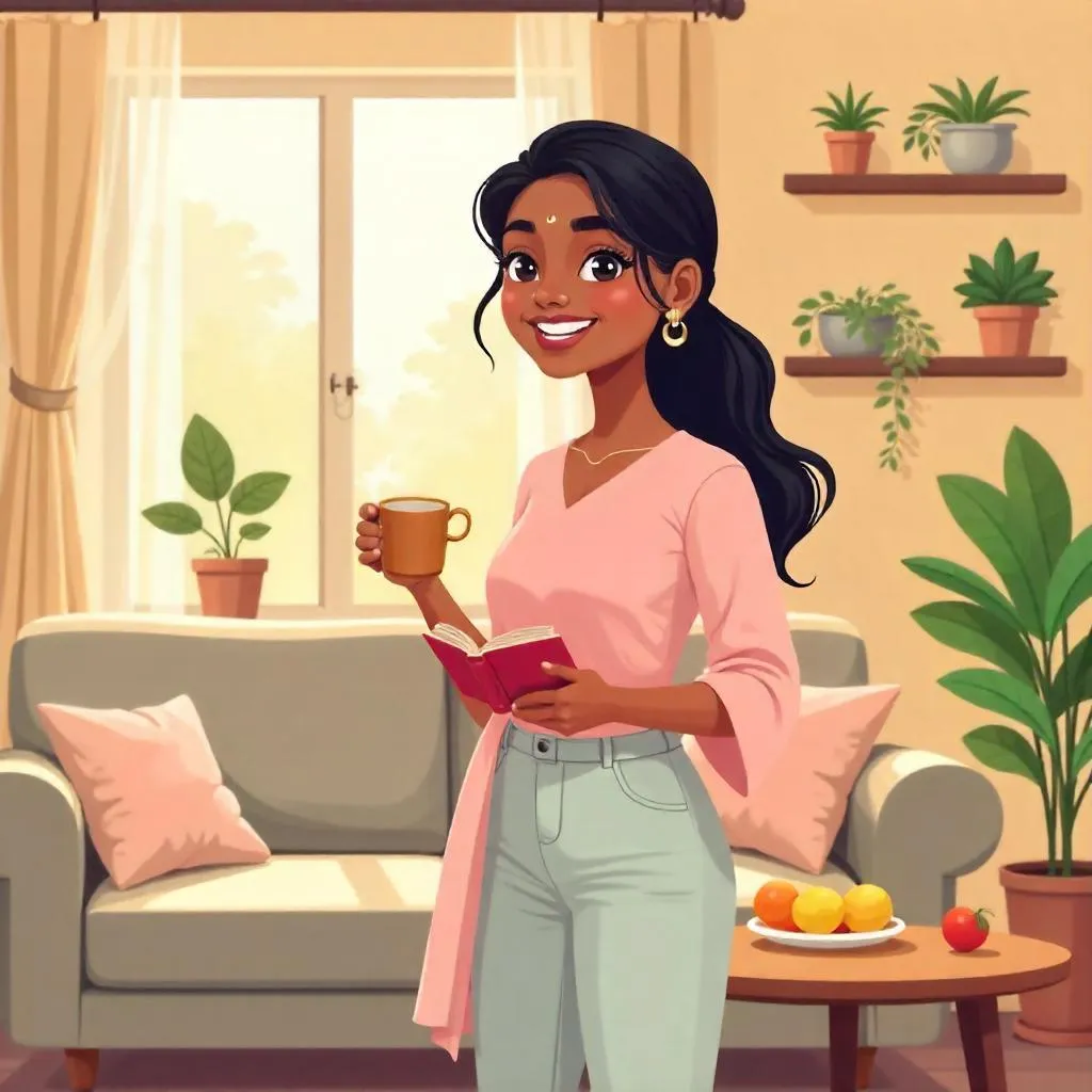 Cozy Morning: Young Indian Woman Cartoon at Home