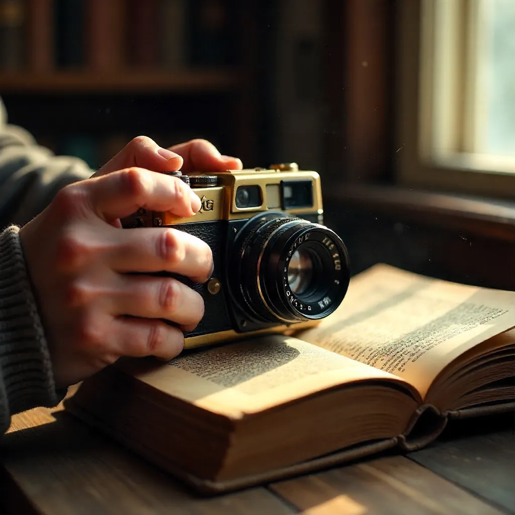Nostalgic Close-Up: Hands with Vintage Camera and Book