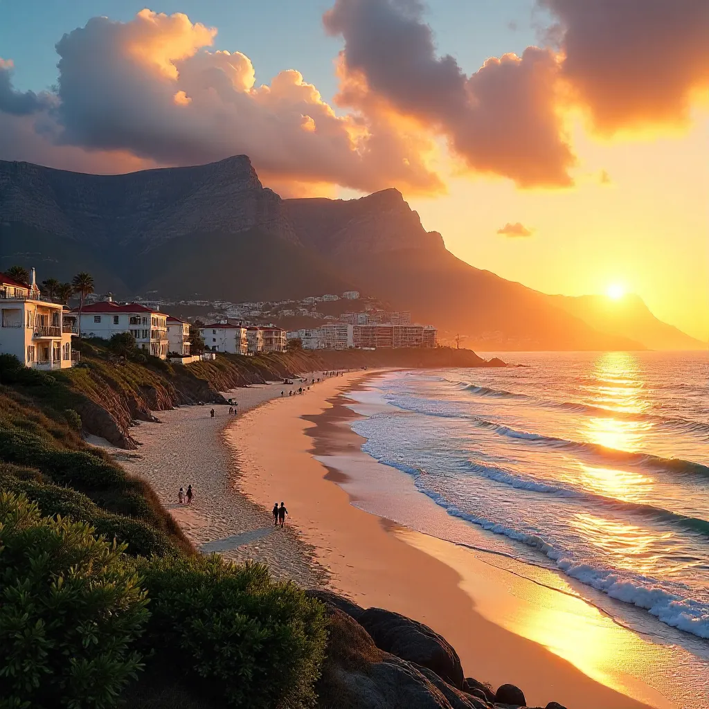 Golden Sunset Over Cape Town Beach and Table Mountain