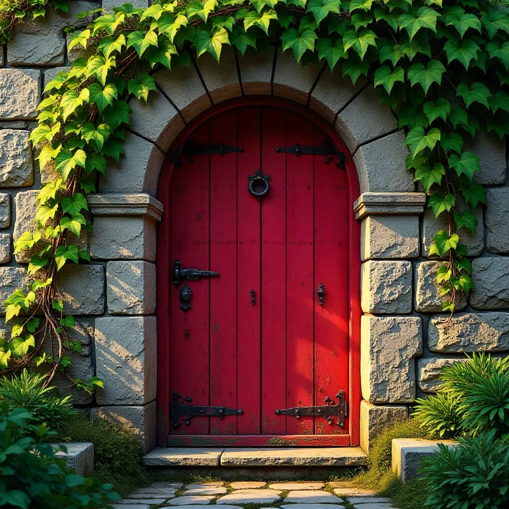 Red Door Framed by Ivy on Rustic Stone Wall